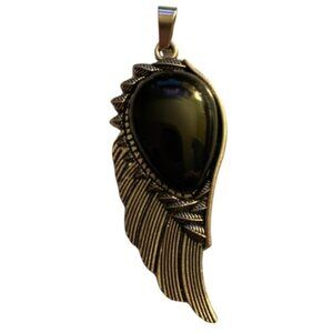 Black Obsidian Natural Stone Crystal Angel Wing Pendant Necklace